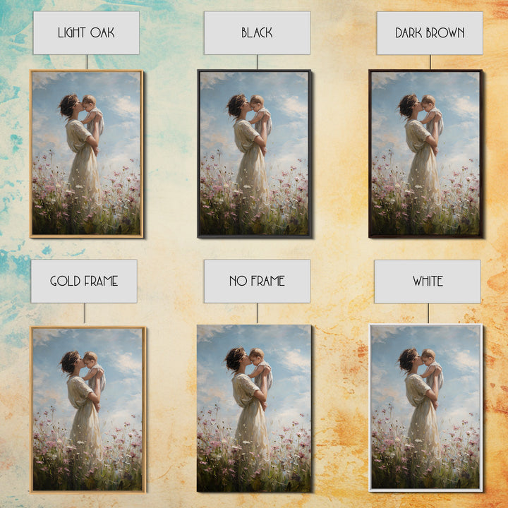 Mother Holding Baby In Wildflower Meadow Framed Canvas Print, Soft Sky Nursery Wall Art, Mothers Day Gift, Fine Art Print