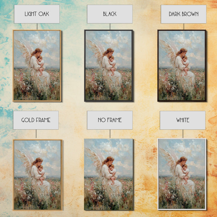Angel Mother Cradling Baby In Wildflower Field Framed Canvas Print, Christian Wall Art, Nursery Decor, Spiritual Gift For Mom
