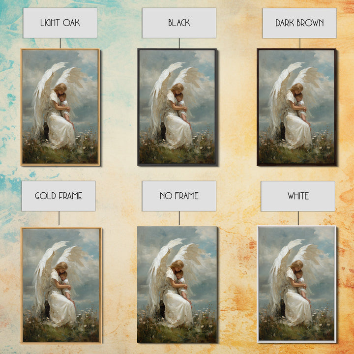 Winged Guardian Angel Embracing Baby Framed Canvas Print, Heavenly Christian Wall Art, Nursery Decor, Baptism Gift For Her