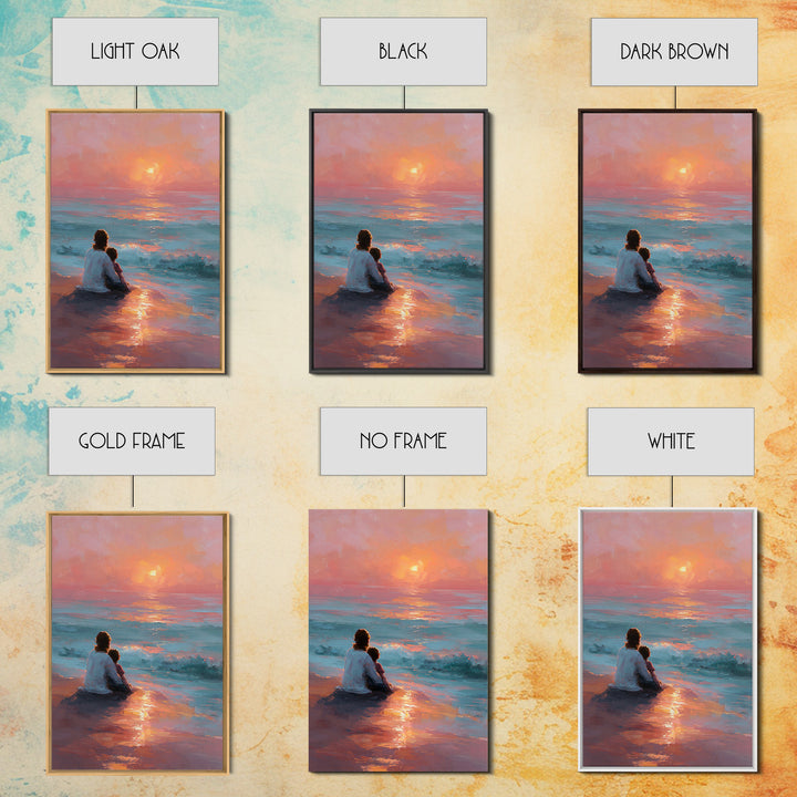 Mother And Child At Pink Ocean Sunset Wall Art, Coastal Beach Canvas Print, Nursery Decor, Mothers Day Gift, Living Room Decor