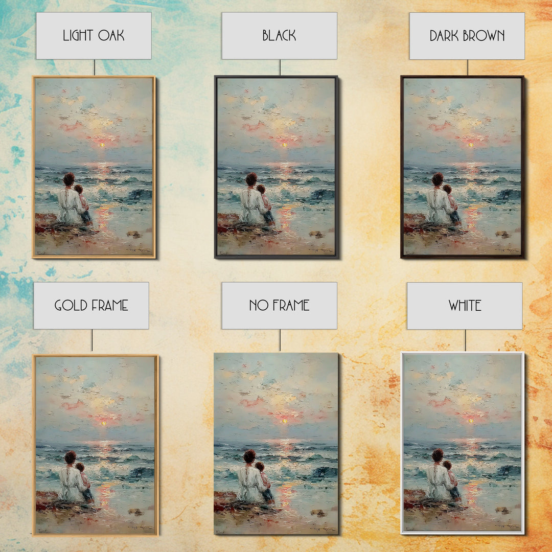 Mother And Child Watching Soft Ocean Sunrise Framed Canvas Print, Coastal Wall Art, Beach House Decor, Mothers Day Gift, Home Decor