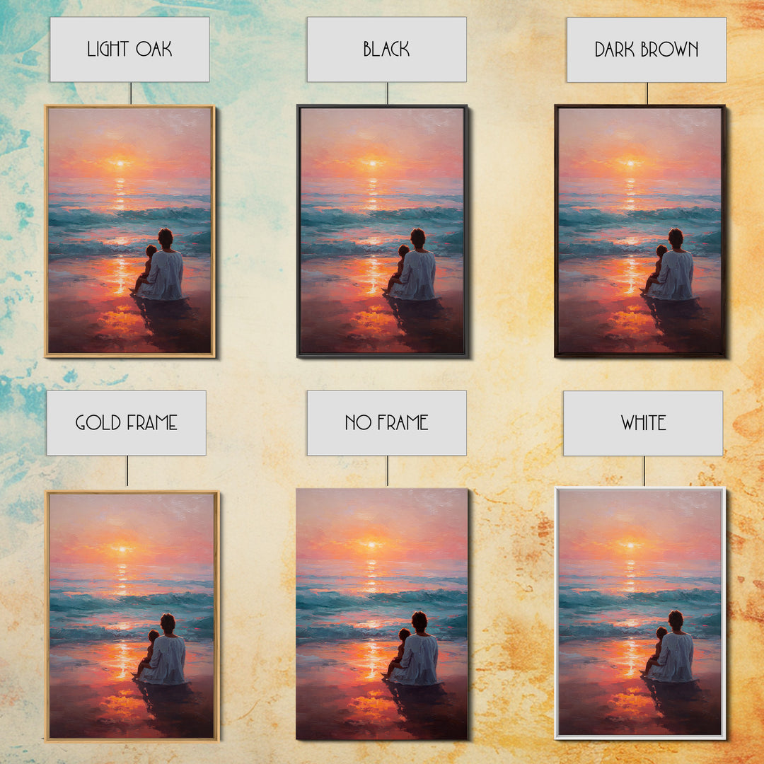 Mother And Child In Vibrant Sunset Surf Wall Art, Coastal Canvas Print, Ocean Beach Decor, Mothers Day Gift, Bedroom Decor