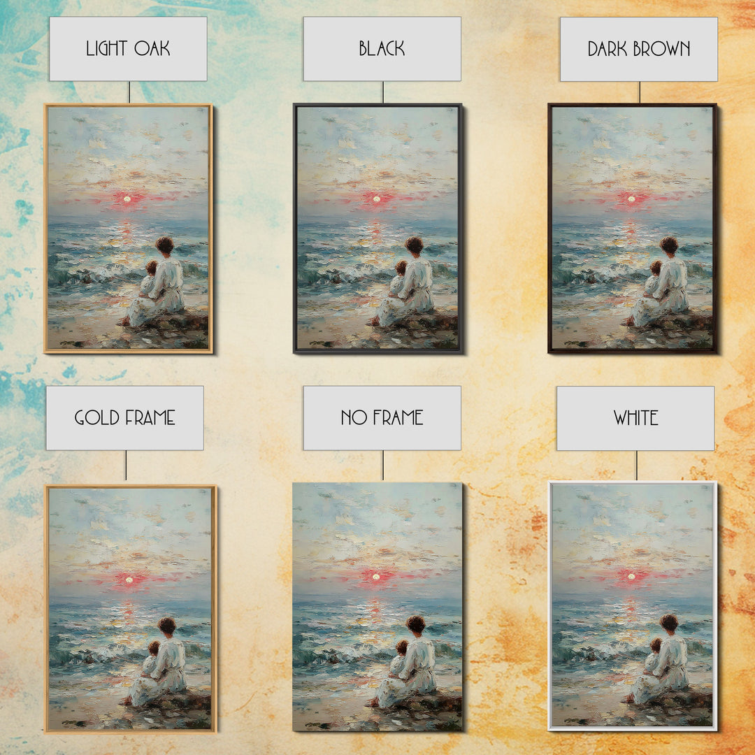 Mother And Child Watching Textured Sea Sunrise Framed Canvas Print, Coastal Wall Art, Beach House Decor, Living Room Art