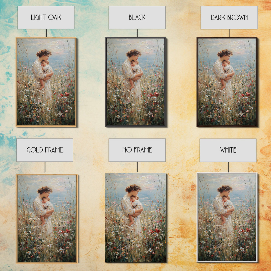 Tender Mother Holding Baby In Wildflower Meadow Wall Art, Impressionist Canvas Print For Nursery And Feminine Bedroom Decor