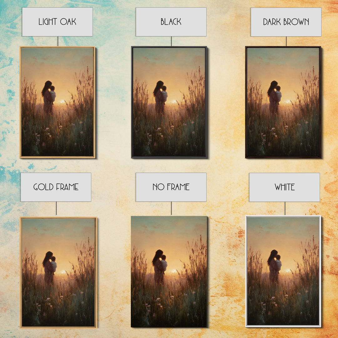 Golden Sunset Mother And Child Silhouette Canvas Print, Warm Meadow Wall Art For Nursery, Bedroom Decor, And Mothers Day Gift