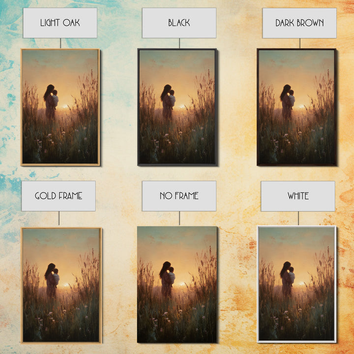 Golden Sunset Mother And Child Silhouette Canvas Print, Warm Meadow Wall Art For Nursery, Bedroom Decor, And Mothers Day Gift