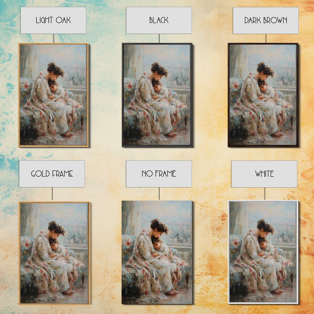 Mother And Child Cuddling By City Window Canvas Print, Soft Impressionist Wall Art For Bedroom Decor, Nursery, And Gift For Her