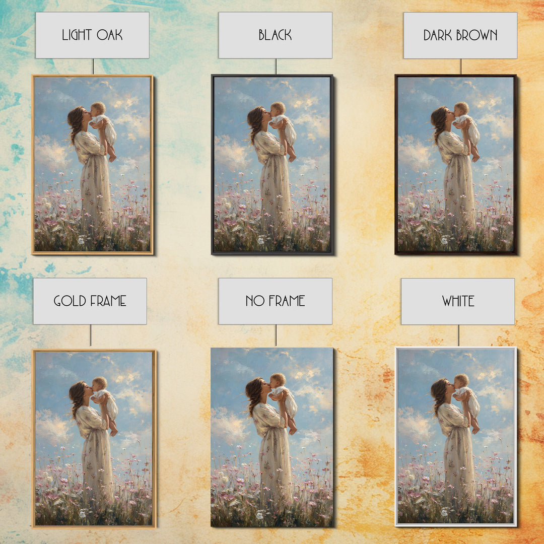 Mother Kissing Baby In Wildflower Meadow Wall Art, Impressionist Oil Painting, Feminine Nursery Decor, Gift For Mom Print