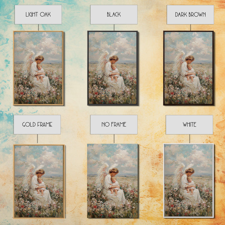 Angel Mother Holding Sleeping Child In Wildflower Meadow Framed Canvas Print, Christian Wall Art, Nursery Decor, Gift For Her