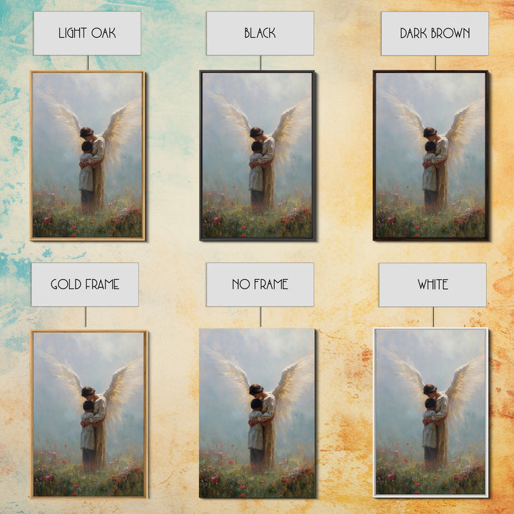 Guardian Angel Embracing Child In Wildflower Meadow Wall Art, Christian Nursery Decor, Spiritual Canvas Print Gift For Her
