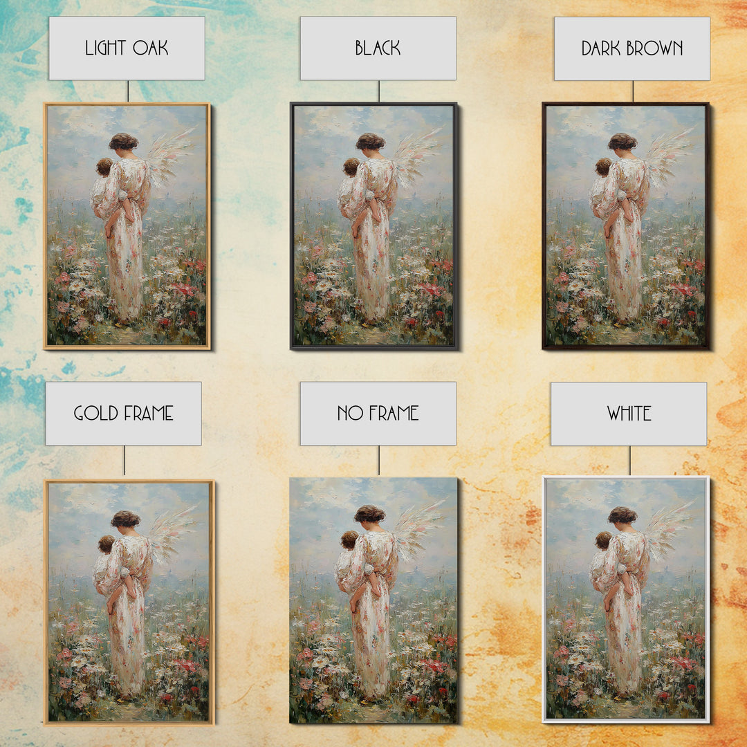 Angel Mother Holding Child In Blooming Meadow Framed Canvas Print, Christian Wall Art, Nursery Decor, Housewarming Gift