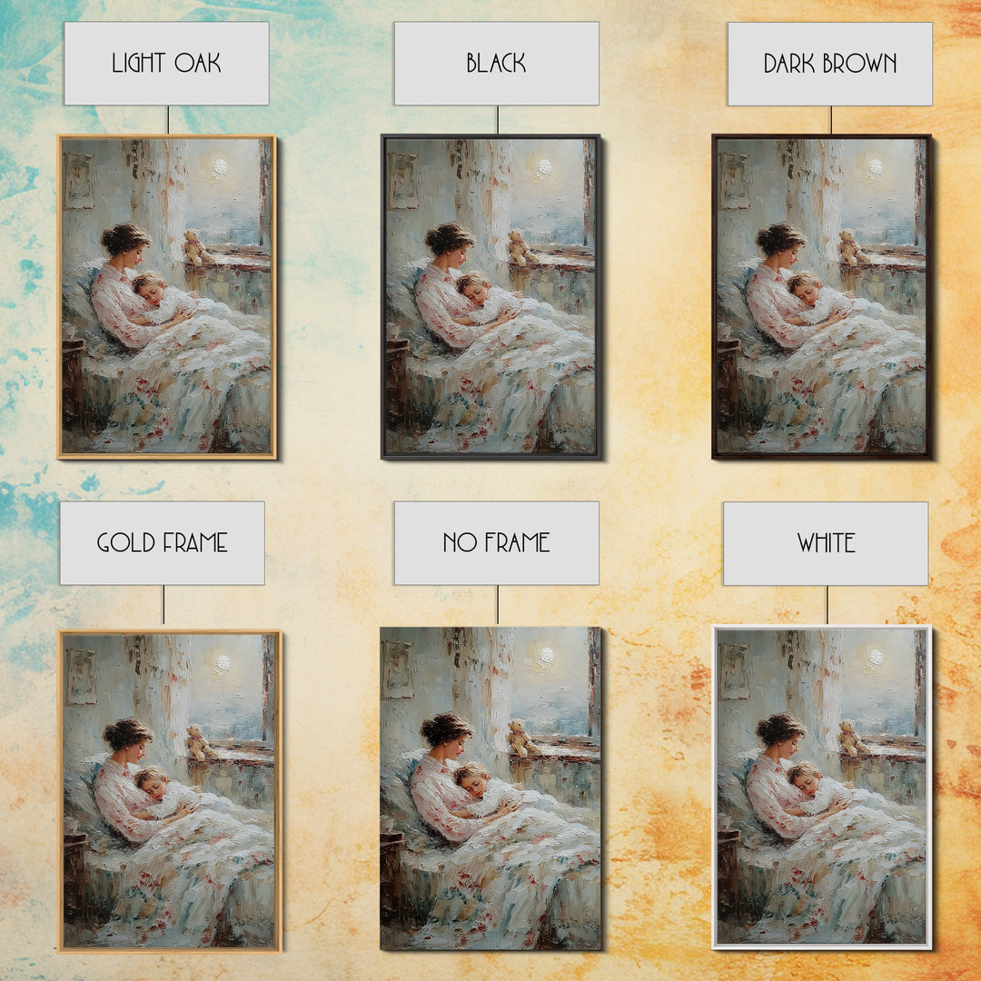 Mother Cradling Sleeping Child By Moonlit Window Framed Canvas Print, Bedroom Wall Art, Nursery Decor, Gift For Mom, Cozy Wall Art