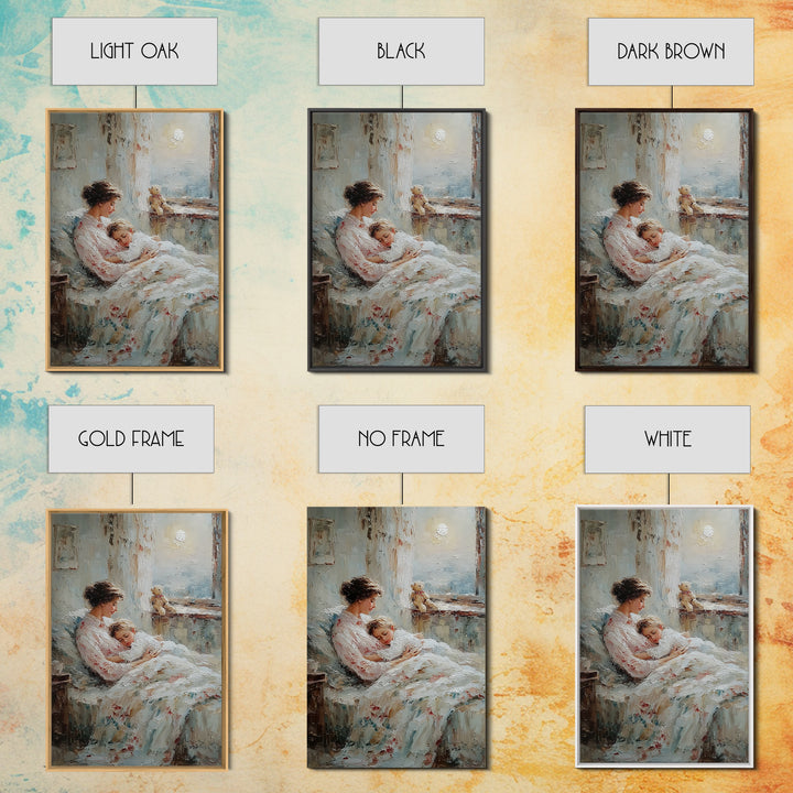 Mother Cradling Sleeping Child By Moonlit Window Framed Canvas Print, Bedroom Wall Art, Nursery Decor, Gift For Mom, Cozy Wall Art