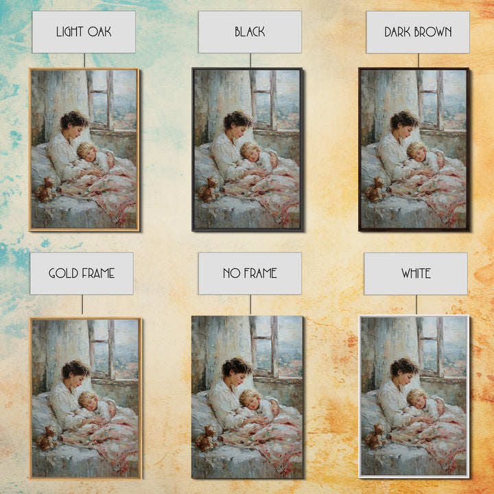 Mother And Sleeping Child By Window Framed Canvas Print, Cozy Bedroom Wall Art, New Mom Gift, Nursery Room Decor, Soft Neutral Home Decor