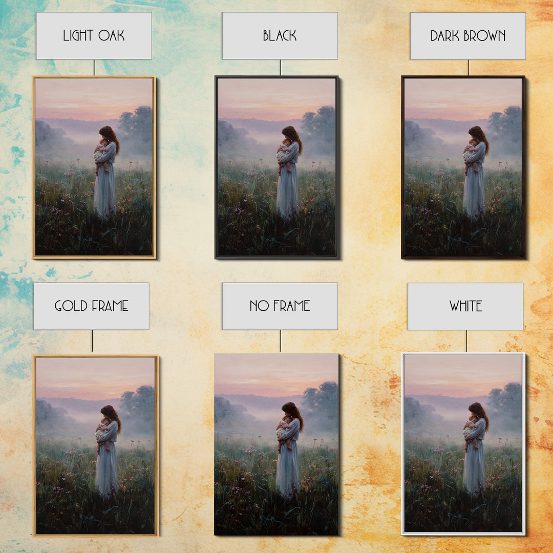 Mother And Baby In Misty Sunrise Meadow Wall Art, Romantic Landscape Oil Painting, New Mom Gift, Feminine Bedroom And Nursery Decor