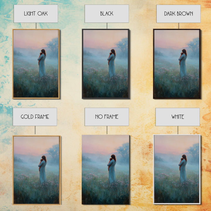 Mother Holding Baby In Foggy Pastel Meadow Canvas Print, Calming Landscape Wall Art, New Mom Gift, Nursery Decor, Soft Bedroom Wall Decor
