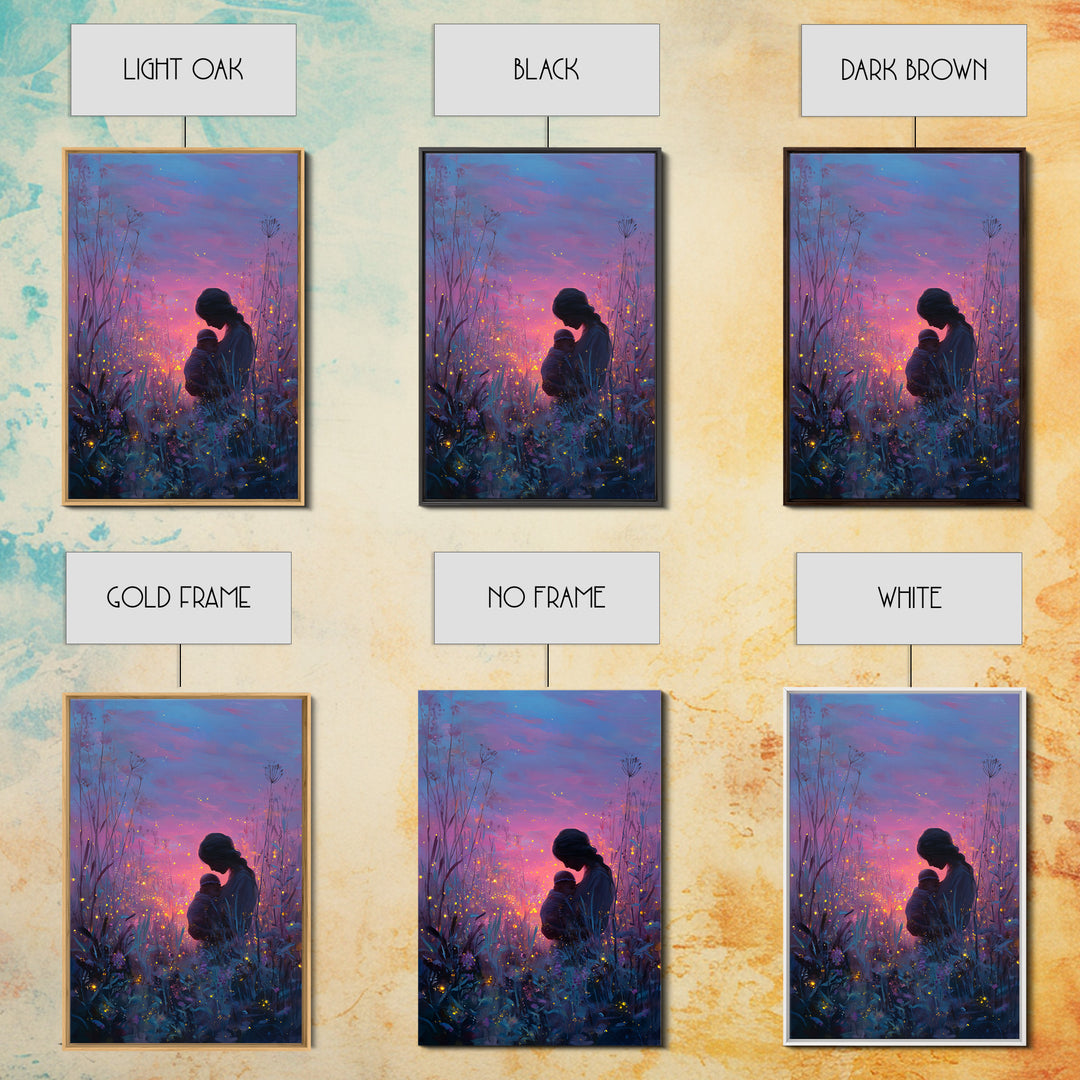 Twilight Mother And Baby In Firefly Meadow Canvas Print, Celestial Nursery Wall Art, Fantasy Decor, Gift For Mom, Bedroom Decor