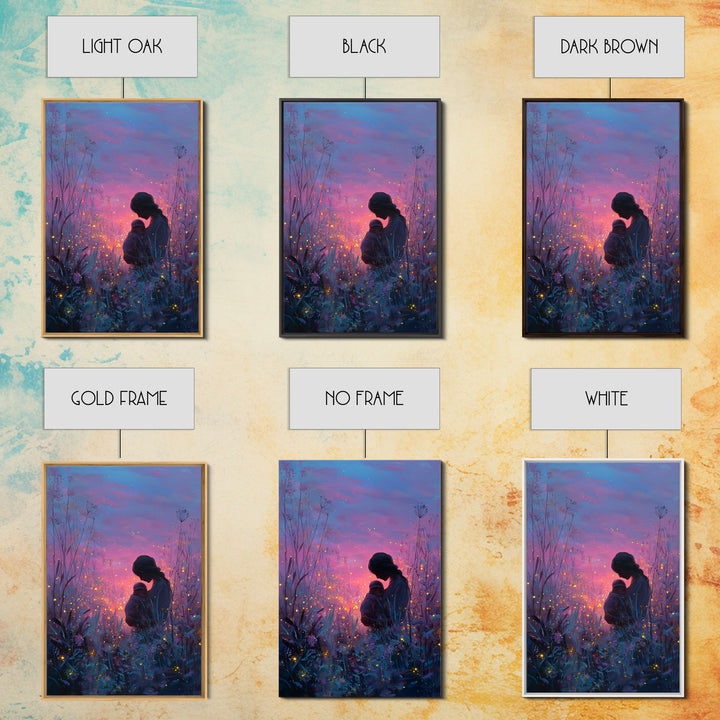 Twilight Mother And Baby In Firefly Meadow Canvas Print, Celestial Nursery Wall Art, Fantasy Decor, Gift For Mom, Bedroom Decor
