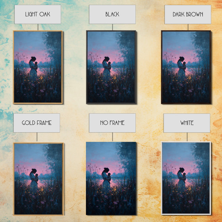 Blue Dusk Mother And Child By Lake Wall Art, Firefly Meadow Painting, Celestial Nursery Decor, Spiritual Gift For Mom, Art Print