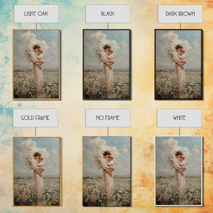 Angel Mother And Baby In Wildflower Meadow Wall Art, Christian Nursery Decor, Motherhood Gift, Fine Art Print, Serene Home Decor