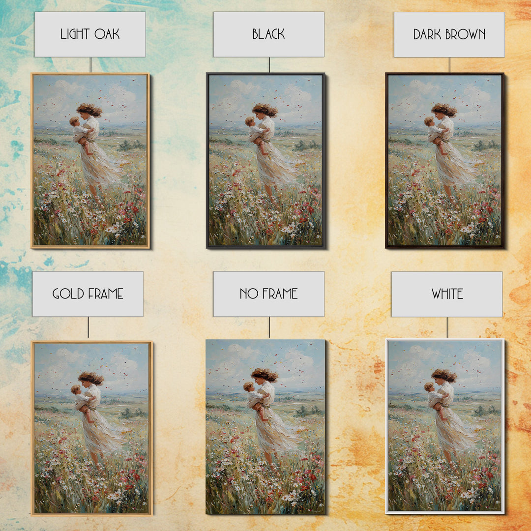 Windswept Mother Holding Baby In Daisy Field Framed Canvas Print, Floral Wall Art, Motherhood Gift, Romantic Bedroom Art