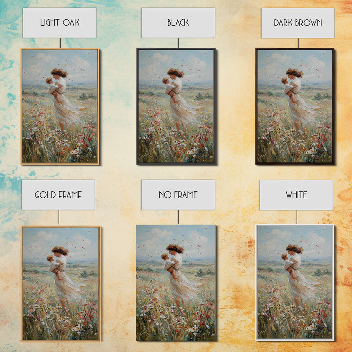 Windswept Mother Holding Baby In Daisy Field Framed Canvas Print, Floral Wall Art, Motherhood Gift, Romantic Bedroom Art
