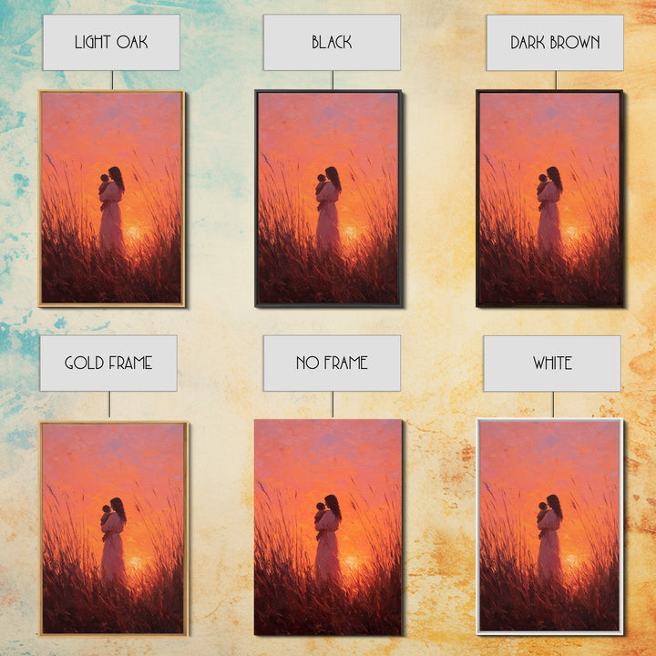 Mother And Baby In Fiery Sunset Grass Canvas Print, Romantic Wall Art, Warm Orange Decor, Nursery Wall Art, Gift For Her