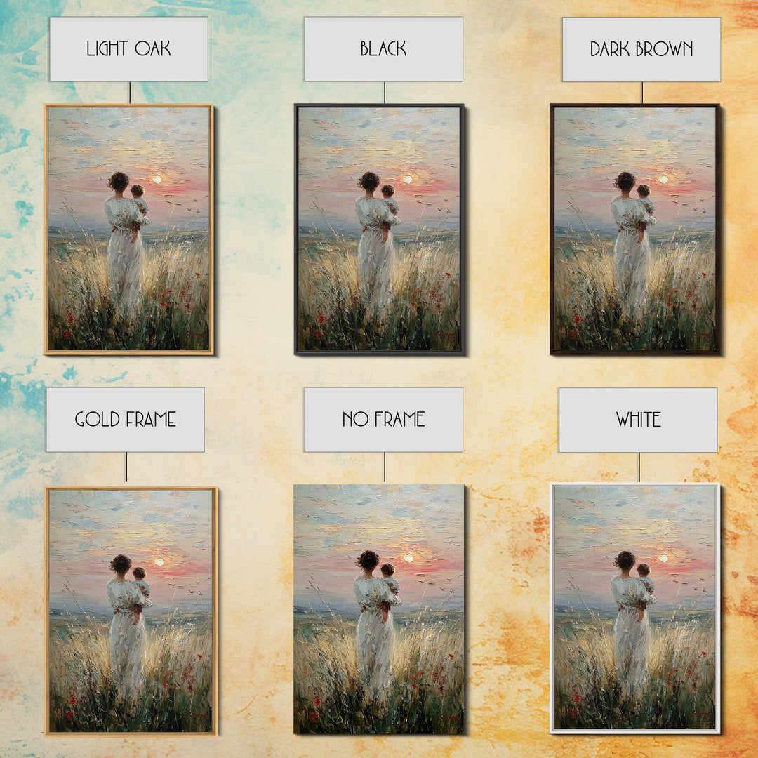Mother And Child By The Sea Framed Canvas Print, Coastal Meadow Oil Painting, Feminine Wall Decor, Gift For Mom, Nursery Wall Art