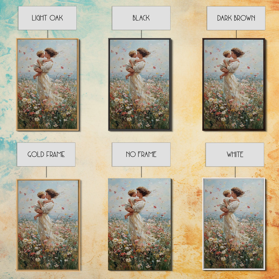 Windblown Mother And Baby Floral Meadow Framed Canvas Print, Coastal Impressionist Wall Art, Nursery Decor, Gift For Mom