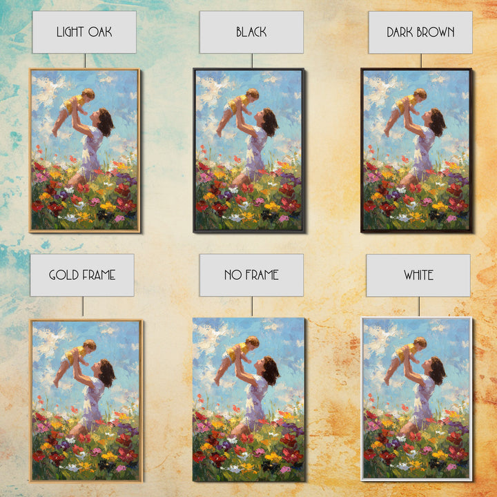 Kneeling Mother Lifting Baby Among Poppies Canvas Print, Impressionist Floral Wall Art, Nursery Decor, Mothers Day Gift For Mom