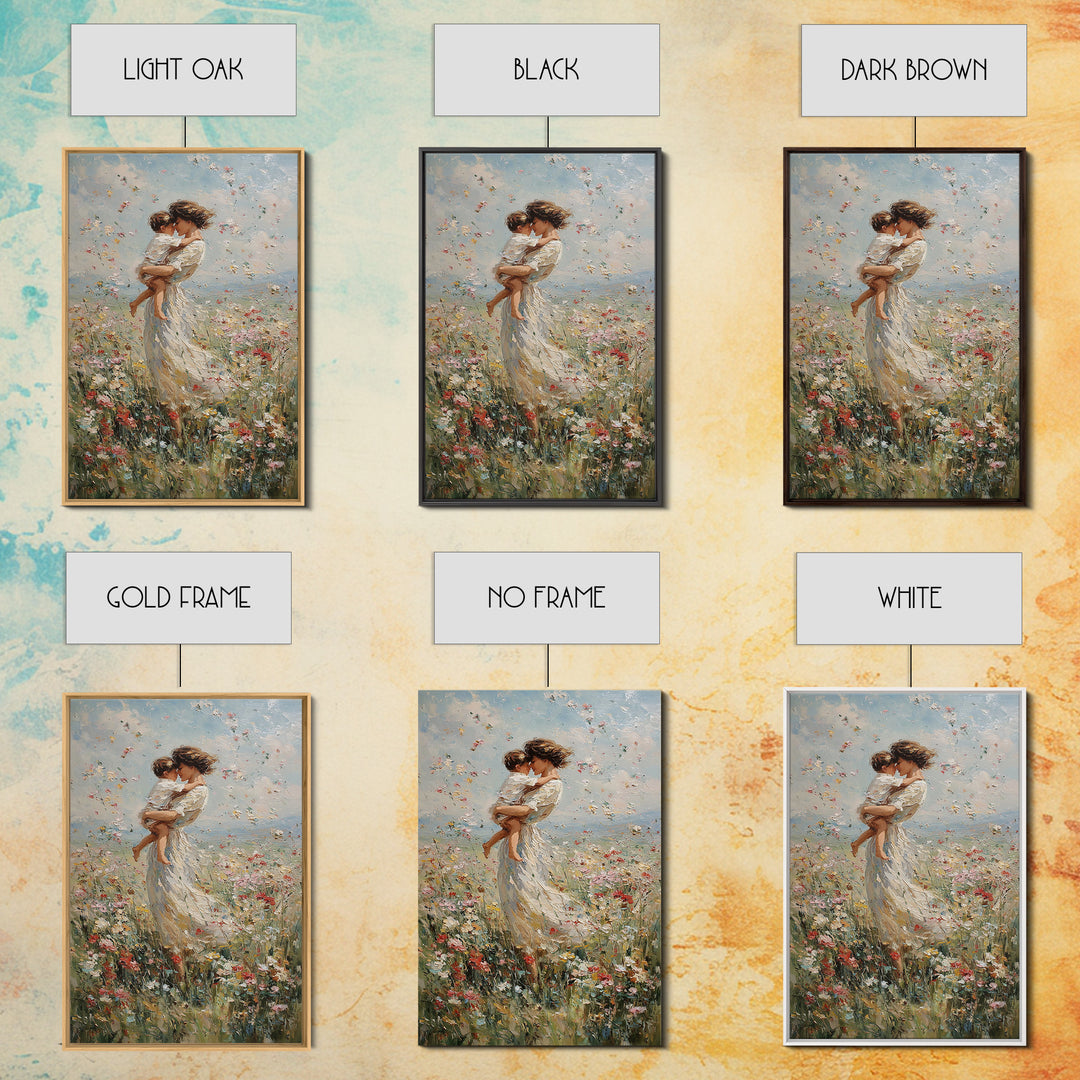 Mother Embracing Baby In Windblown Flower Meadow Framed Canvas Print, Impressionist Floral Wall Art, Nursery Decor, Mothers Day Gift For Mom