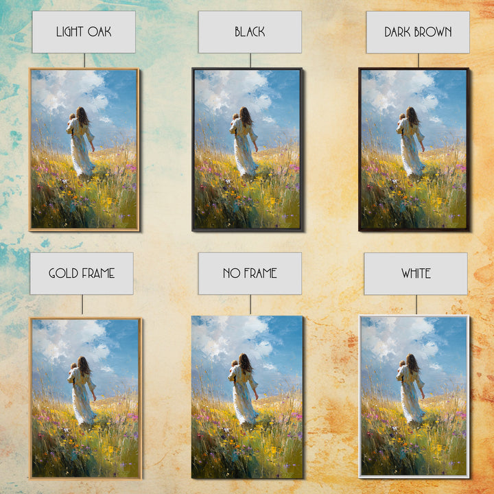 Mother Carrying Child Through Sunny Meadow Canvas Print, Impressionist Landscape Wall Art, Nursery Decor, Mothers Day Gift For Mom