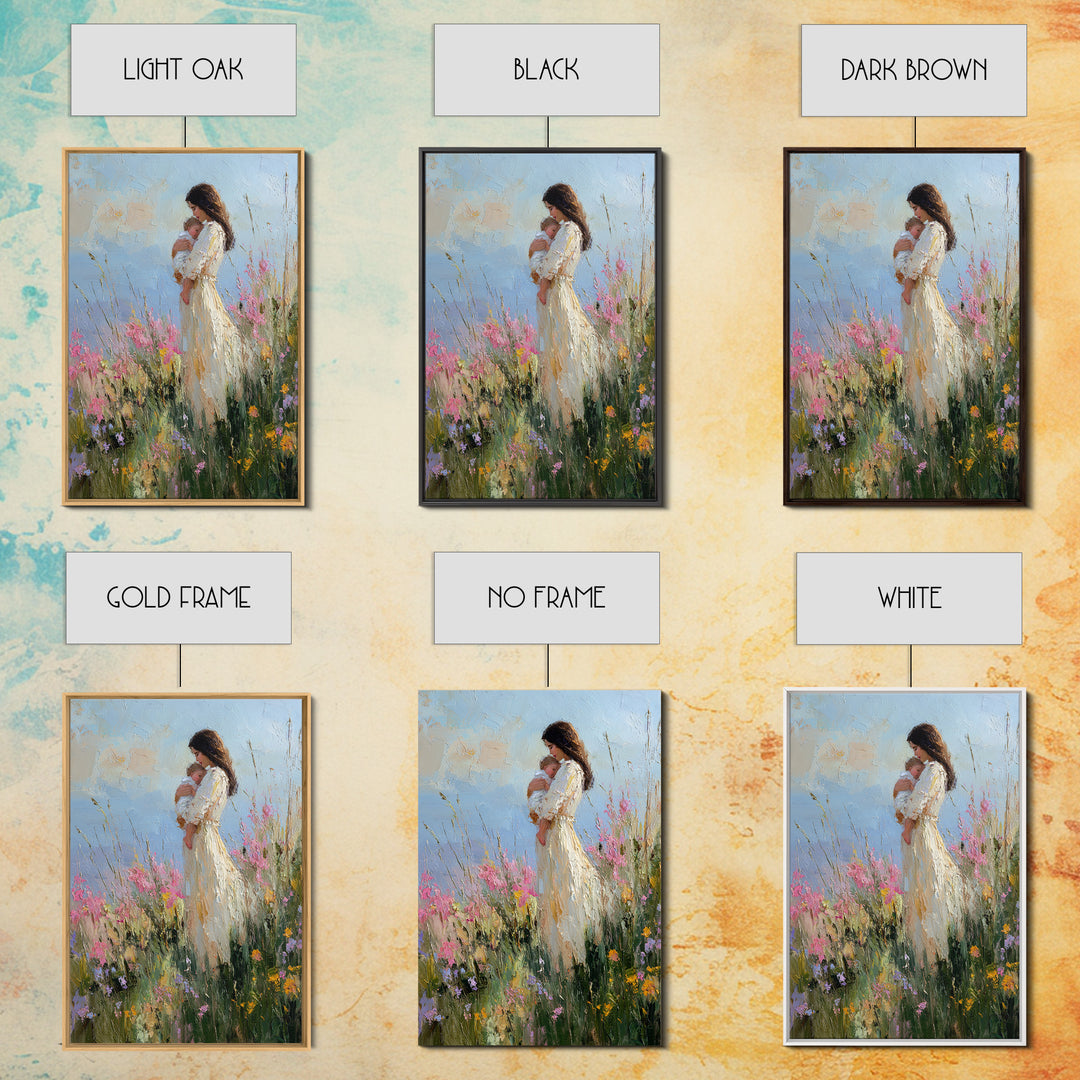 Mother And Newborn In Pink Wildflower Garden Wall Art, Impressionist Oil Painting, Feminine Nursery Decor, Gift For Mom, Home Decor