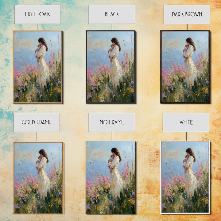 Mother And Newborn In Pink Wildflower Garden Wall Art, Impressionist Oil Painting, Feminine Nursery Decor, Gift For Mom, Home Decor