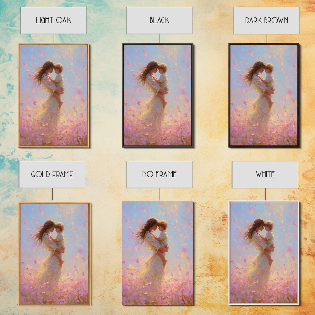 Mother Holding Child In Pink Petal Meadow Framed Canvas Print, Dreamy Impressionist Painting, Feminine Wall Art, Gift For Mom