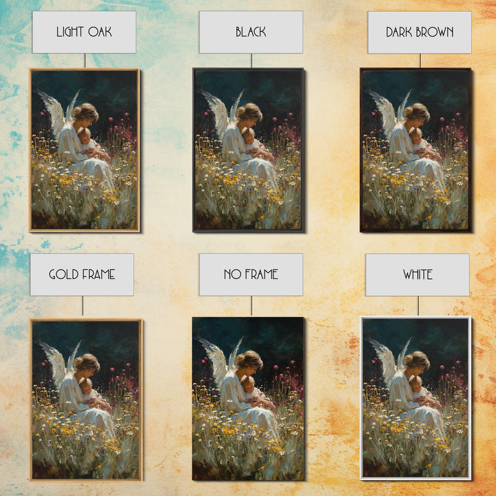 Seated Guardian Angel With Baby In Daisy Meadow Canvas Print, Spiritual Nursery Wall Art, Gift For Her, Moody Home Decor