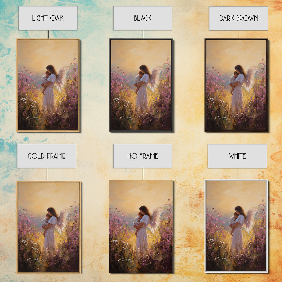 Sunset Angel Mother Holding Baby Among Purple Wildflowers Canvas Print, Spiritual Wall Art, Gift For Mom, Nursery Home Decor
