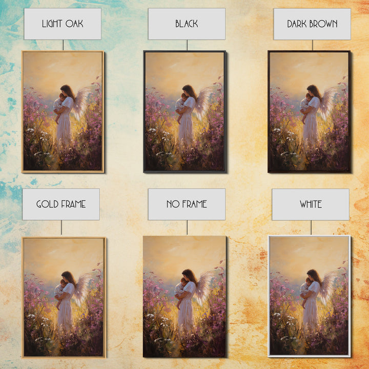 Sunset Angel Mother Holding Baby Among Purple Wildflowers Canvas Print, Spiritual Wall Art, Gift For Mom, Nursery Home Decor