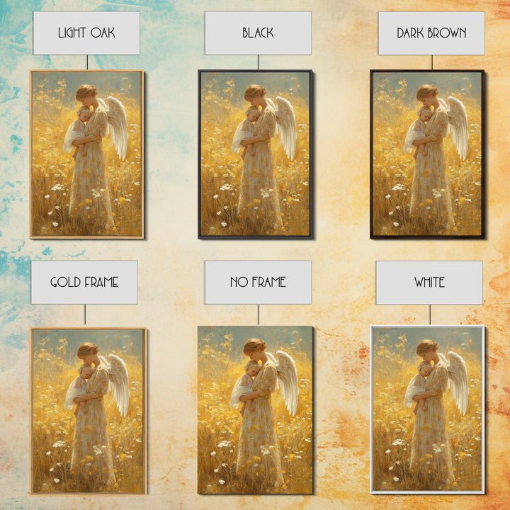 Golden Meadow Angel Holding Sleeping Baby Framed Canvas Print, Spiritual Nursery Wall Art, Gift For Mom, Christian Home Decor