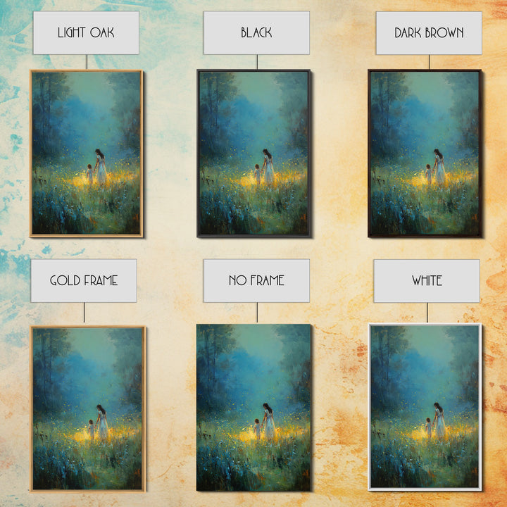 Mother And Child In Glowing Blue Forest Framed Canvas Print, Fantasy Wall Art, Nature Wall Art, Nursery Decor, Gift For Her