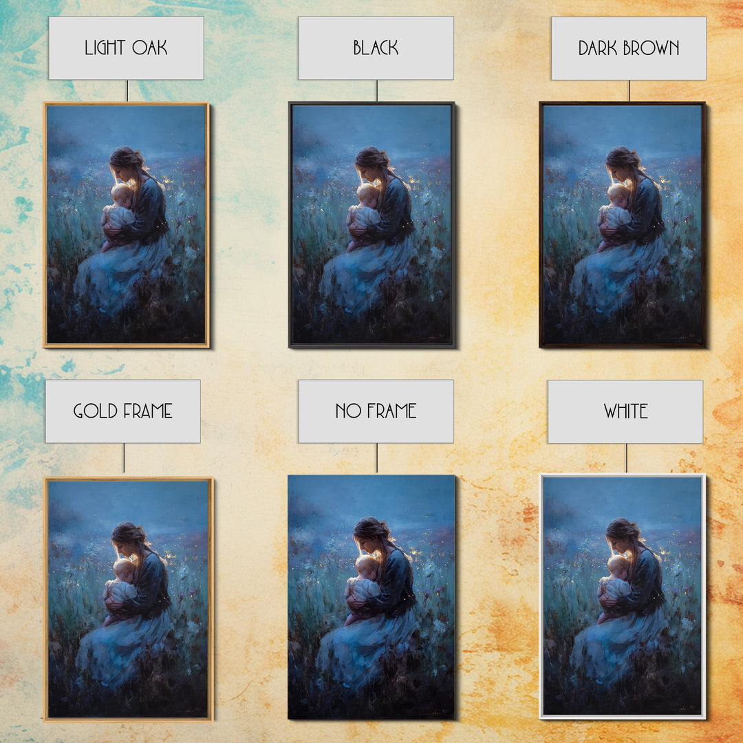 Seated Mother And Baby In Blue Twilight Meadow Wall Art, Moody Nursery Decor, Fine Art Print, Gift For Her, Home Decor, Living Room Decor