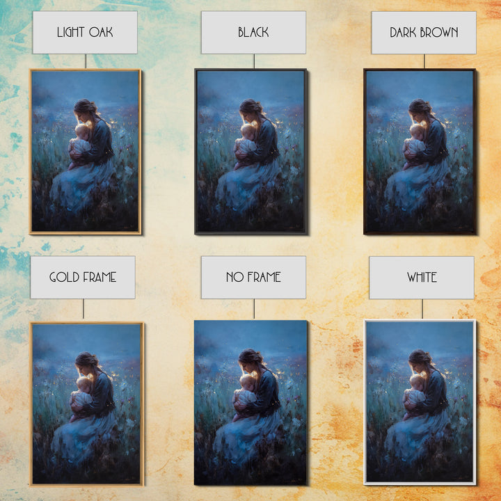 Seated Mother And Baby In Blue Twilight Meadow Wall Art, Moody Nursery Decor, Fine Art Print, Gift For Her, Home Decor, Living Room Decor