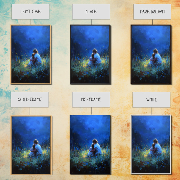 Mother And Child In Deep Blue Firefly Meadow Canvas Print, Moody Wall Art, Fantasy Decor, Nursery Wall Art, Gift For Her