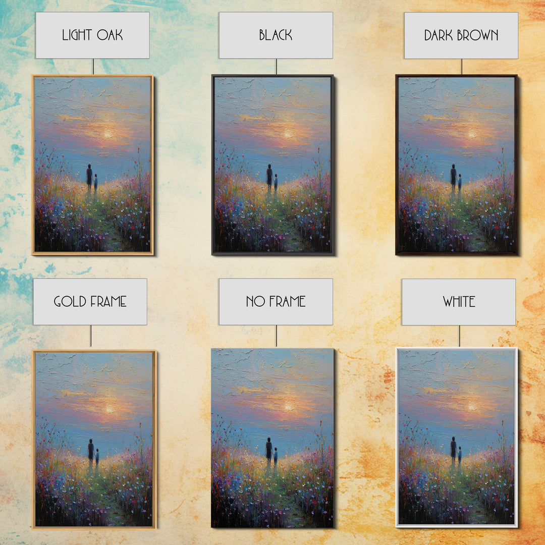 Parent And Child In Misty Wildflower Meadow Canvas Print, Textured Sunset Landscape Wall Art, Calming Living Room Decor Gift