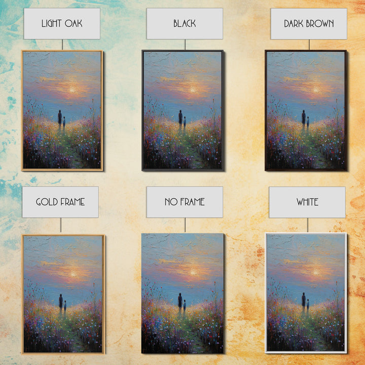 Parent And Child In Misty Wildflower Meadow Canvas Print, Textured Sunset Landscape Wall Art, Calming Living Room Decor Gift