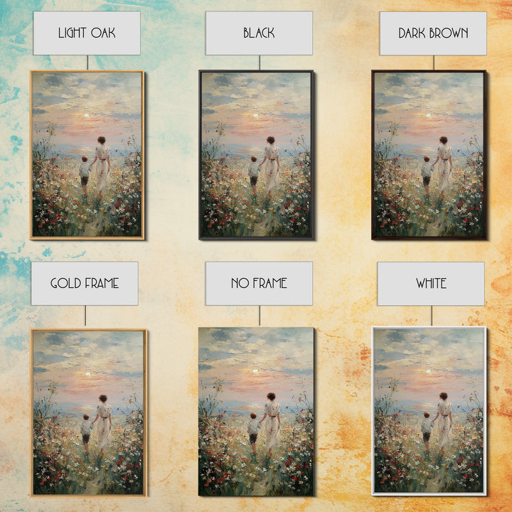 Mother And Child Sunset Seaside Wall Art, Wildflower Path Oil Painting, Coastal Decor, Gift For Mom, Living Room Art, Fine Art Print