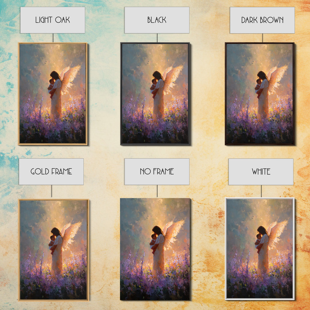 Glowing Guardian Angel With Baby In Lavender Field Canvas Print, Spiritual Wall Art, Christian Decor, Gift For Mom, Nursery Decor
