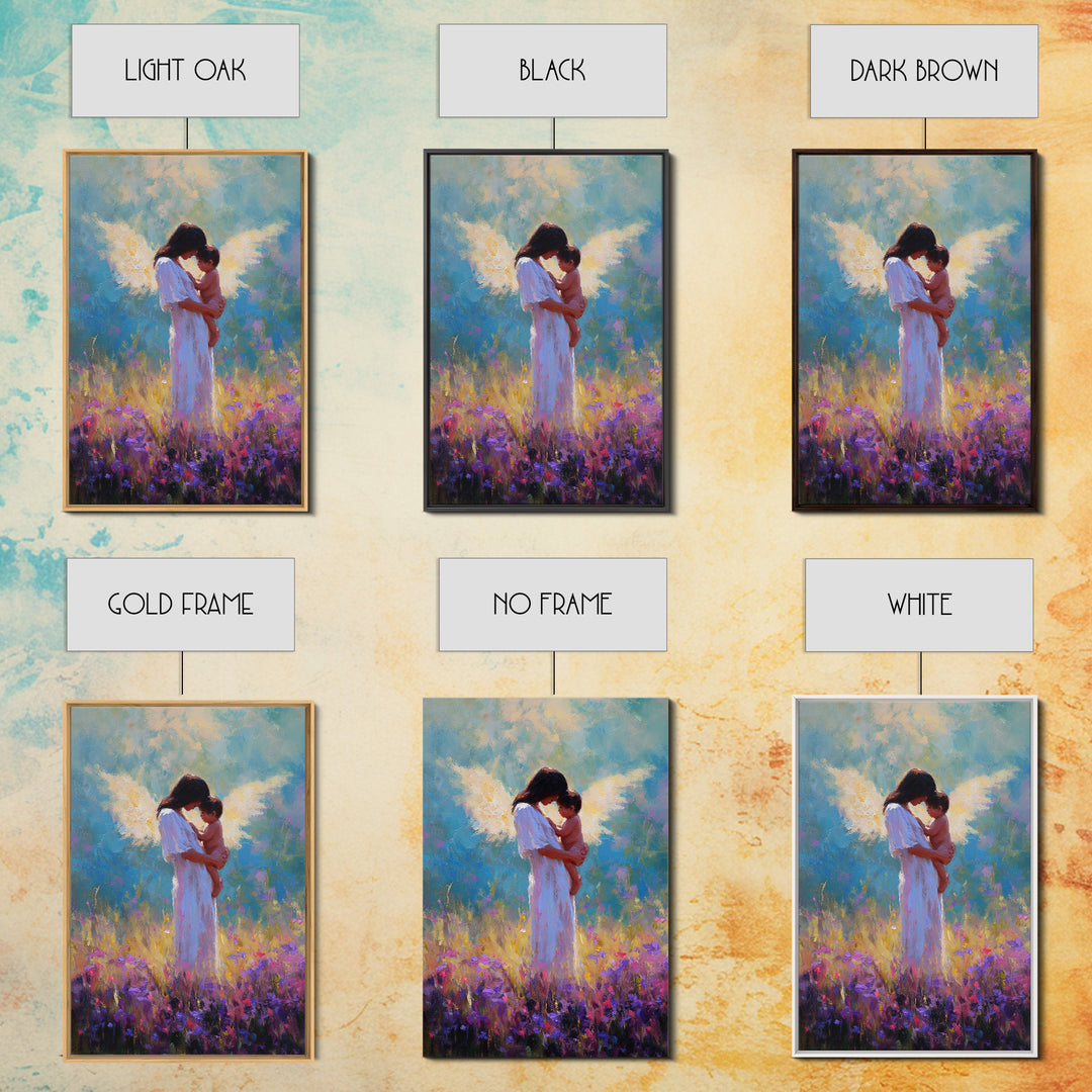 Angel Mother And Baby In Purple Wildflower Field Framed Canvas Print, Spiritual Wall Art, Nursery Decor, Gift For Mom, Baby Shower Gift