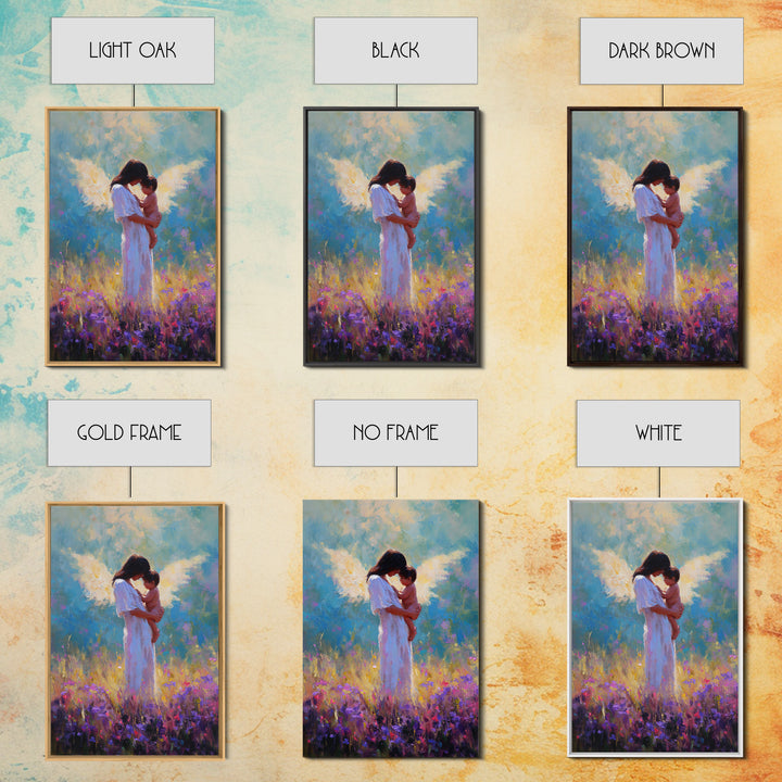 Angel Mother And Baby In Purple Wildflower Field Framed Canvas Print, Spiritual Wall Art, Nursery Decor, Gift For Mom, Baby Shower Gift