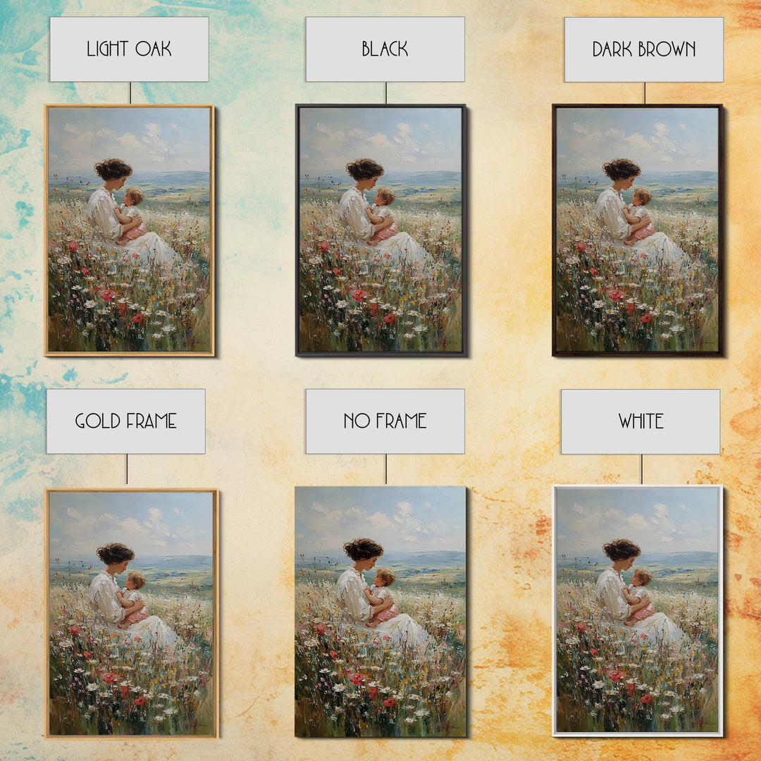 Mother And Baby In Hillside Wildflowers Framed Canvas Print, Impressionist Landscape Wall Art, Nursery Decor, Gift For Her